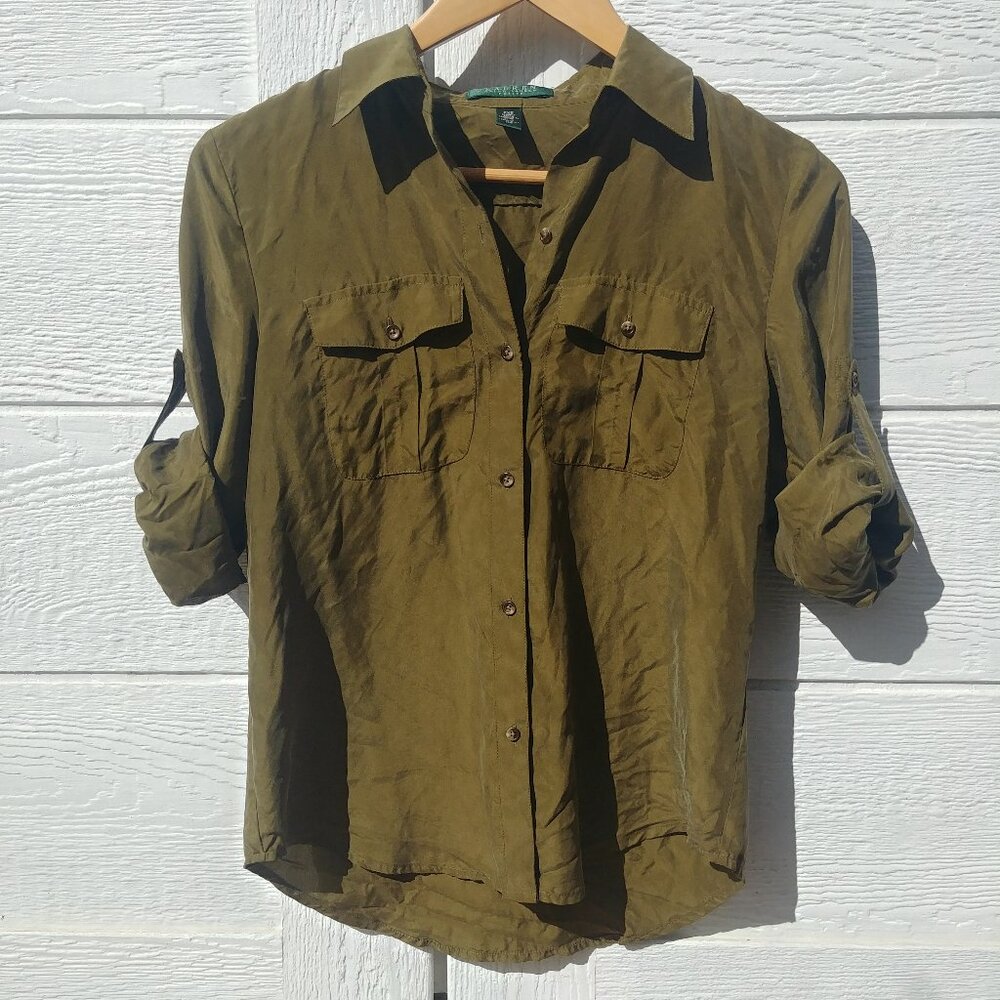 Ralph Lauren 100% silk olive green button down top blouse shirt XS Petite